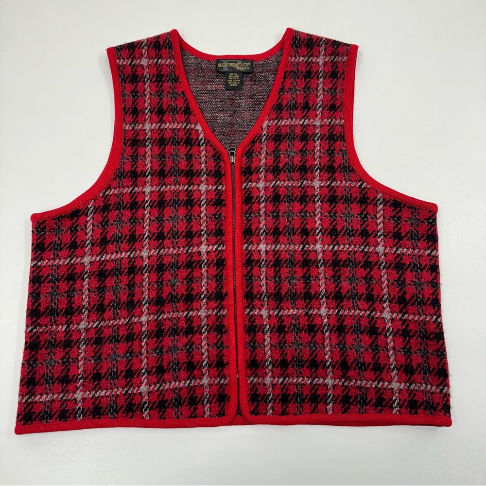 Requirements Holiday Wool Vest Houndstooth Plaid V Neck Zip Up Womens Size 1X